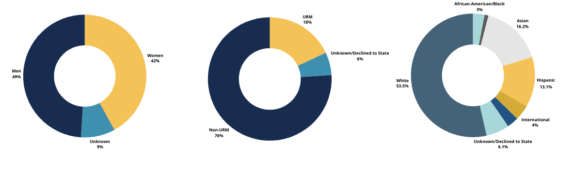 Three pie charts showing gender and race/ethnic demographics for faculty