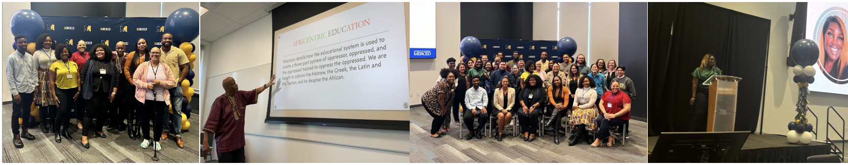 Four images from the Black Excellence Symposium showcasing the presenters, student researchers, and a group picture including attendees